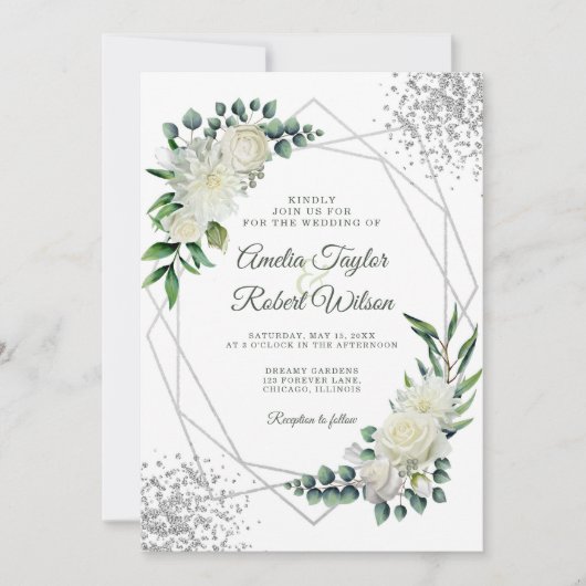 Weiße Flora Silberrahmen Einladung (Vorderseite)