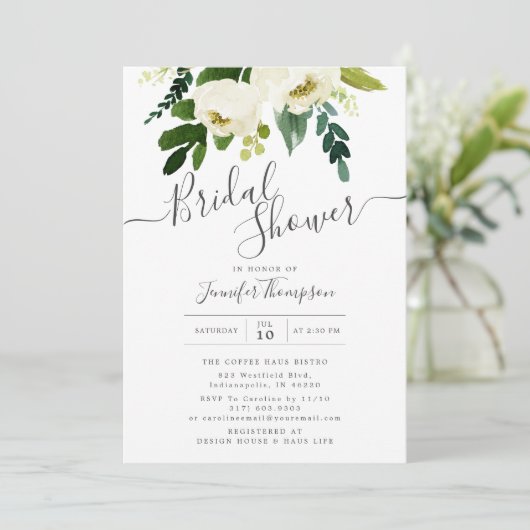 Weiße Flora und Fauna Brautparty Einladung (Stehend Vorderseite)