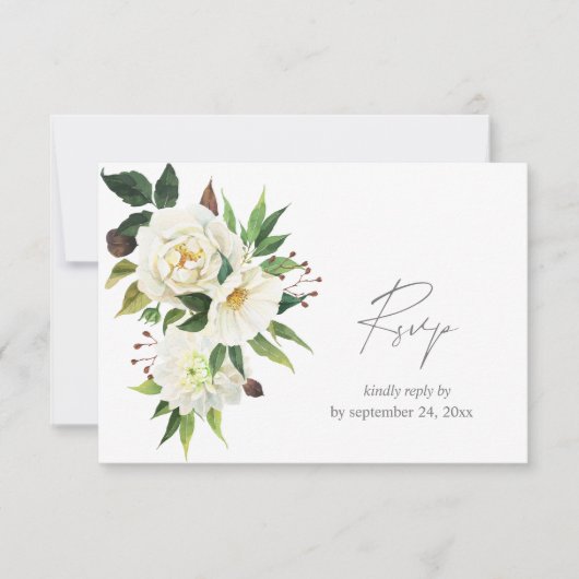 Weiße Flora und Grünflächen 2 mit Mahlzeiten RSVP Karte (Vorderseite)