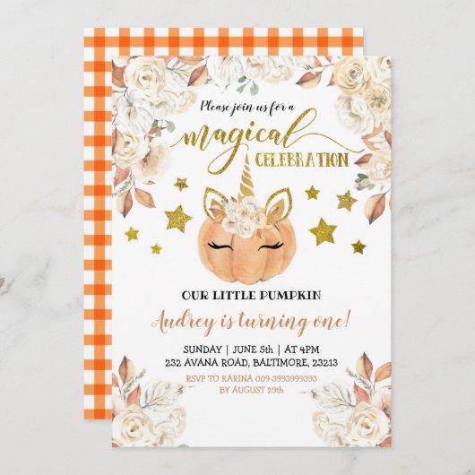 Weiße Flora Unicorn Kürbis macht einen Einladung (Vorne/Hinten)