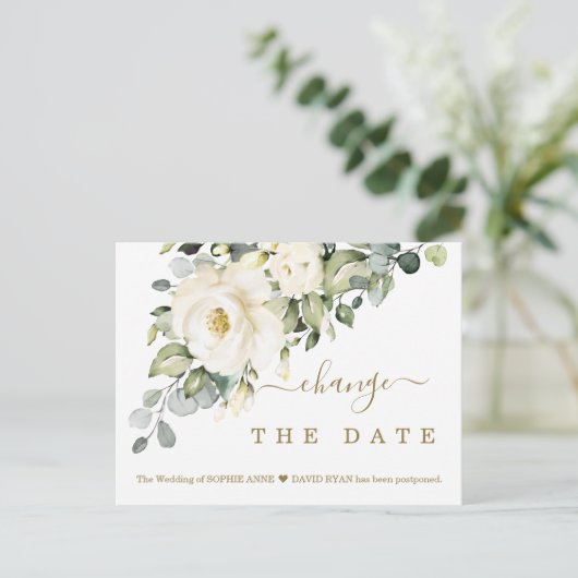 Weiße Flora verändert das Datum der Hochzeit versc Postkarte (Stehend Vorderseite)