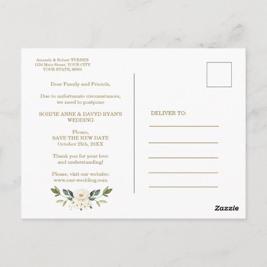 Weiße Flora verändert das Datum der Hochzeit versc Postkarte (Rückseite)