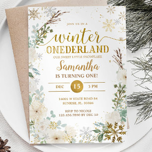 Weiße Flora Winter Onderland 1. Geburtstag Einladung