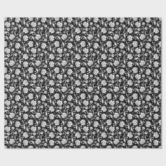 Weiße Floral Damaskus Schwarzer Hintergrund Geschenkpapier (Flach)