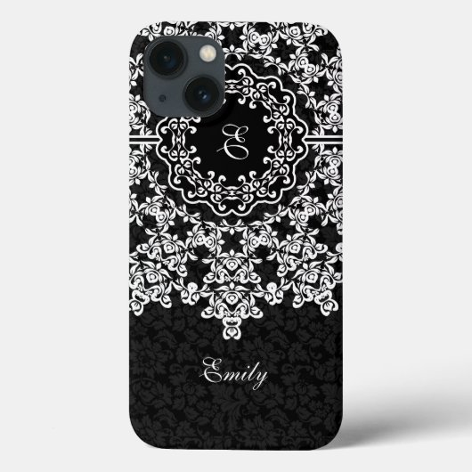 Weiße Floral Lace Black Damasks monogramiert Case-Mate iPhone Hülle (Rückseite)