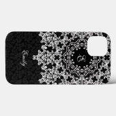 Weiße Floral Lace Black Damasks monogramiert Case-Mate iPhone Hülle (Rückseite (Horizontal))