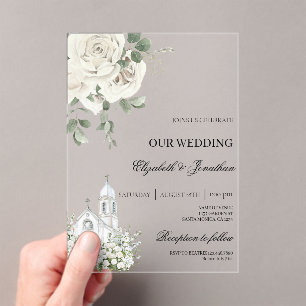 Weiße florale Acryl-Hochzeit mit Kirche Acryleinladungen