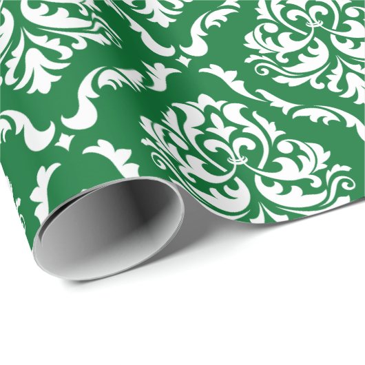 Weiße, florale Damaskus-Muster auf grün Geschenkpapier (Rolleneckpunkt)