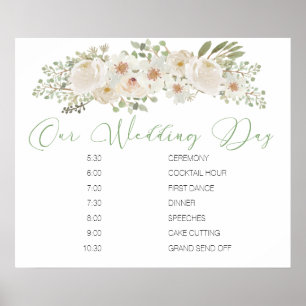 Weiße florale elegante Hochzeitsplan-Tafel Poster
