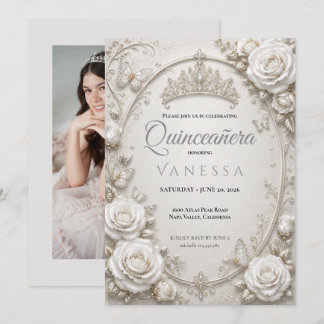 Weiße florale Foto-Quinceanera-Einladung Einladung