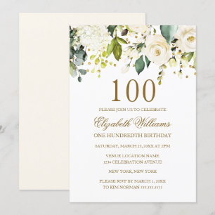 Weiße Florale Gold Konfetti 100. Geburtstag Einladung