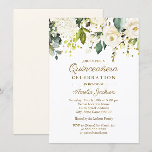Weiße Florale Gold Konfetti Quinceanera 15. Einladung