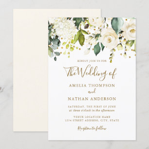 Weiße florale goldene Konfetti-Hochzeit Einladung