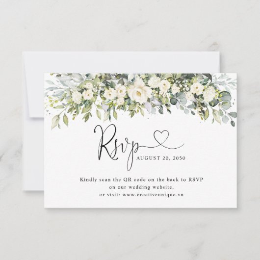 Weiße Florale Hochzeits-Website QR Code RSVP Karte (Vorderseite)