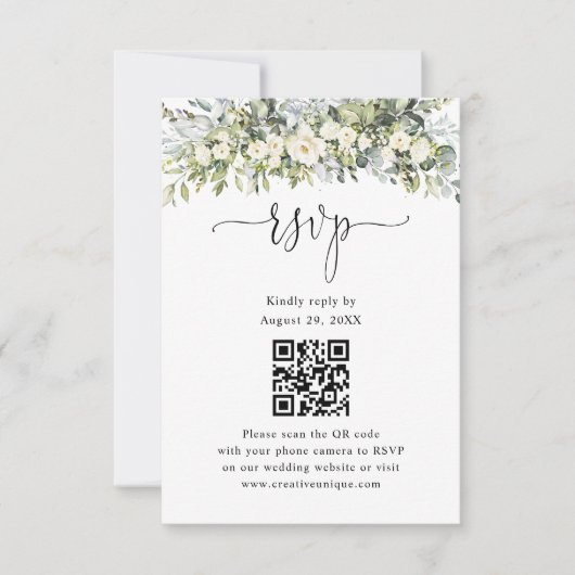 Weiße florale Hochzeits-Website QR Code RSVP  Karte (Vorderseite)