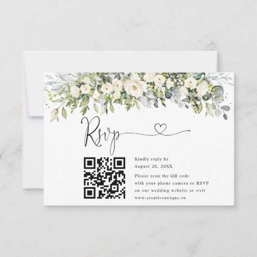 Weiße Florale Hochzeitswebsite QR Code RSVP Karte (Vorderseite)