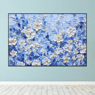 Weiße florale Impasto-Malerei mit blauen Blättern  Leinwanddruck