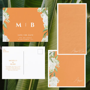 Weiße Florale Orange Monogramm Hochzeit Termin spe Postkarte