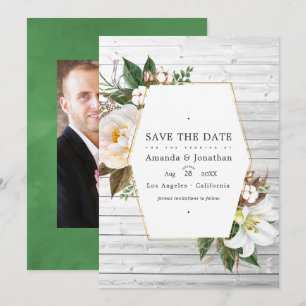 Weiße florale rustikale Scheunen-Landhochzeitsfoto Save The Date