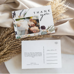 Weiße Florale Schrift Foto Hochzeits-Dankeschön Postkarte