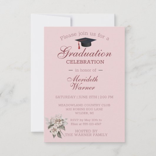 Weiße, florale Silberrahmen auf rosa Abschluss Ankündigung (Rückseite)