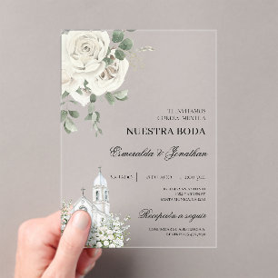 Weiße florale spanische Kirchenhochzeit Acryl Acryleinladungen