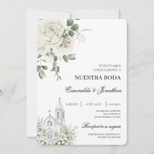 Weiße florale spanische Kirchenhochzeits-Einladung Einladung