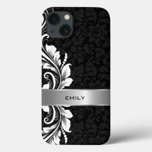 Weiße, florale Swirbelplatte schwarze Damaskus Hin iPhone 13 Hülle
