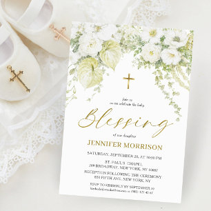 Weiße florale und goldene Kreuz christliche Baby-S Einladung