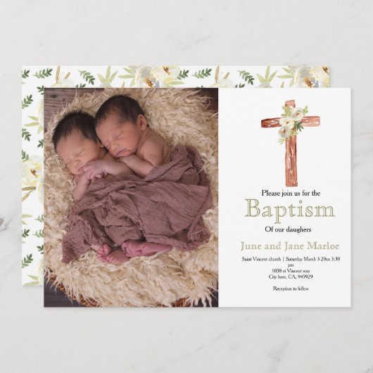 Weiße florale Zwillingsschwindel Taufe Foto Einlad Einladung (Vorne/Hinten)