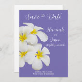 Weiße Frangipani-Blume, Periwinkle, Retten Datum Einladung (Vorne/Hinten)