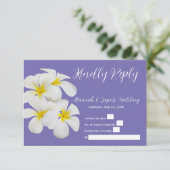 Weiße Frangipani-Blume, Periwinkle, RSVP Wedding Dankeskarte (Stehend Vorderseite)