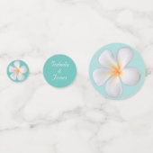 Weiße Frangipani Plumeria Blume auf Aquamarin Konfetti (Rückseiten)