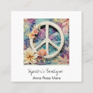 *~* Weiße Friedenszeichen-Blumen-Grunge-Boho AP57  Quadratische Visitenkarte