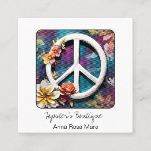 *~* Weiße Friedenszeichen-Blumen Grunge Boho QR AP Quadratische Visitenkarte