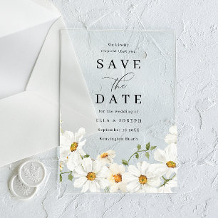Weiße Frühlingsblumen-Hochzeit Save The Date Acryleinladungen