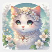 Weiße Frühlingsblumen Princess Cat Quadratischer Aufkleber (Vorderseite)