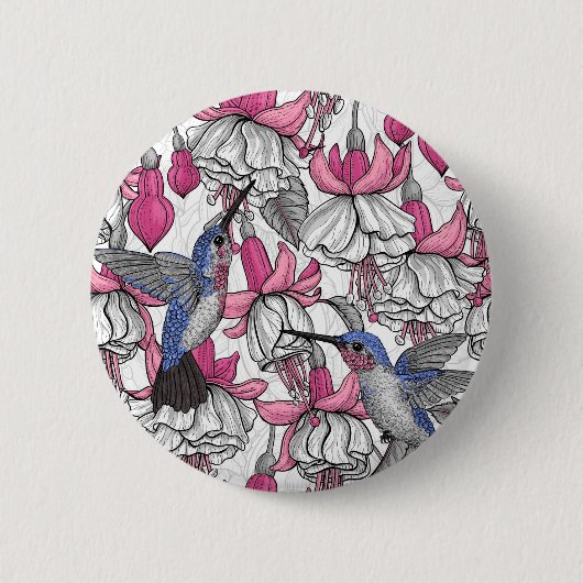 Weiße Fuchsie und Kolibris Button (Vorderseite)
