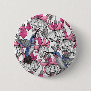 Weiße Fuchsie und Kolibris Button