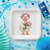 Weiße Gans hält rosa Tulpenstrauß Pappteller (Party)