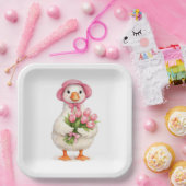 Weiße Gans hält rosa Tulpenstrauß Pappteller (Party)