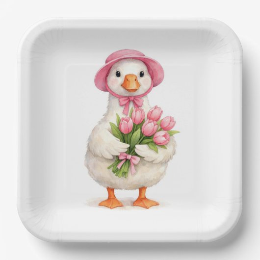 Weiße Gans hält rosa Tulpenstrauß Pappteller (Vorderseite)