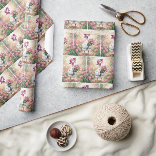 Weiße Gans mit rosa Tulpen Geschenkpapier (Kunsthandwerk)