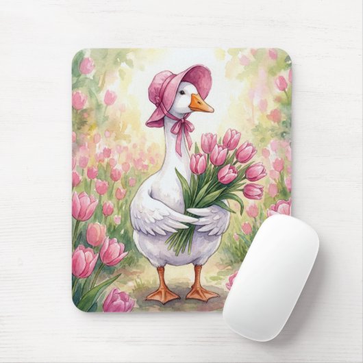 Weiße Gans mit rosa Tulpen Mousepad (Mit Mouse)