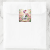 Weiße Gans mit rosa Tulpen Quadratischer Aufkleber (Tasche)