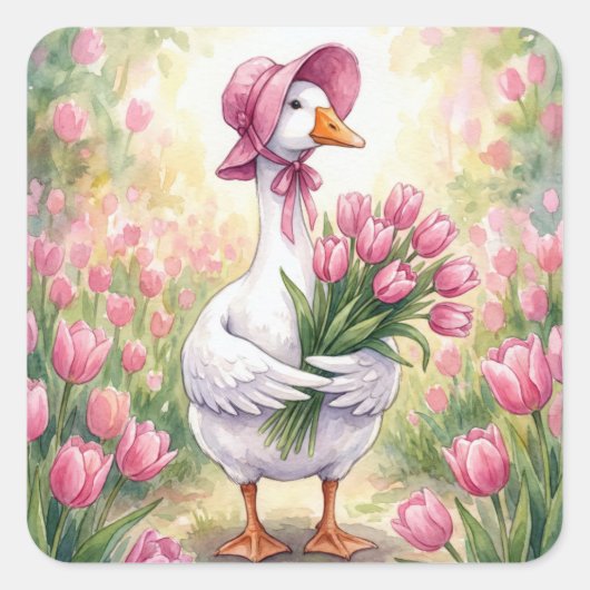 Weiße Gans mit rosa Tulpen Quadratischer Aufkleber (Vorderseite)