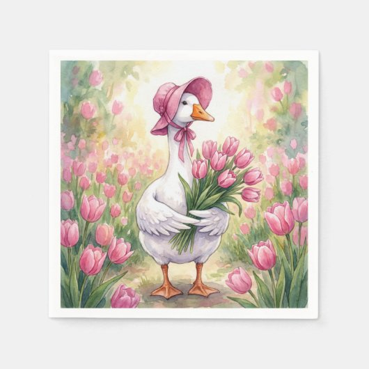 Weiße Gans mit rosa Tulpen Serviette (Vorderseite)