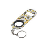 Weiße Gänse, wilde Blume auf Gelb Mini Flaschenöffner (Rückseite Schrägansicht)