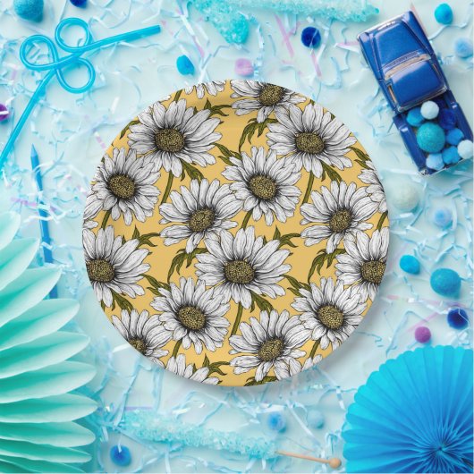 Weiße Gänse, wilde Blume auf Gelb Pappteller (Party)