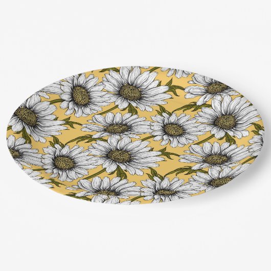 Weiße Gänse, wilde Blume auf Gelb Pappteller (Schrägansicht)